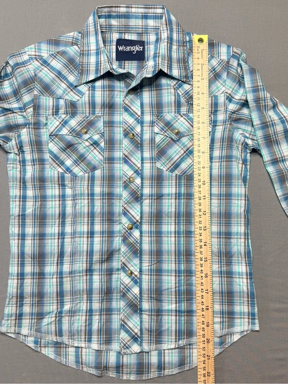 Wrangler Boys' Teal and White Plaid Western Shirt